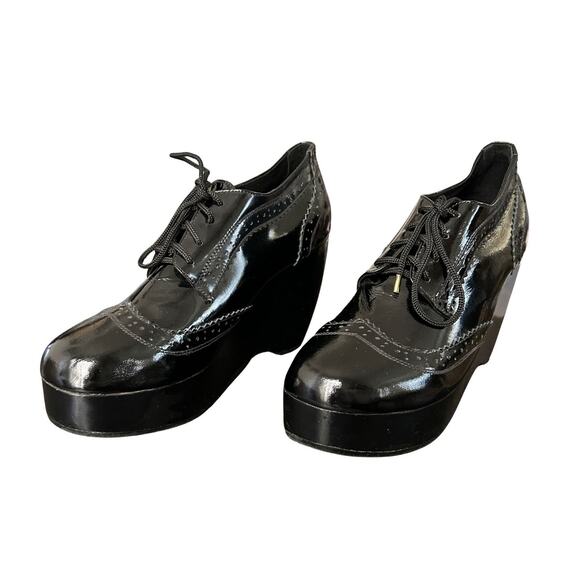 Shakuhachi Black Patent Leather Platform Wedge Oxfords – Cult Archival, Size 7 - Picture 1 of 7